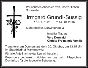 Traueranzeige von Irmgard Grundl-Sussig von Frankenpost