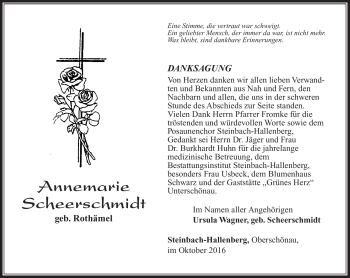 Traueranzeige von Annemarie Scheerschmidt von Südthüringer Presse