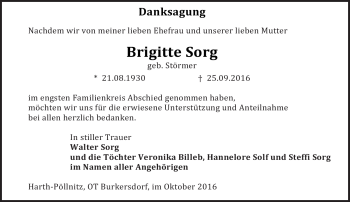 Traueranzeige von Brigitte Sorg von Südthüringer Presse