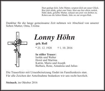 Traueranzeige von Lonny Höhn von Südthüringer Presse