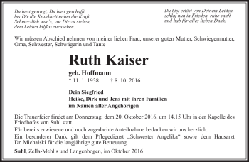 Traueranzeige von Ruth Kaiser von Südthüringer Presse