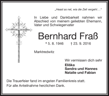 Traueranzeige von Bernhard Fraß von Frankenpost