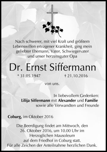 Traueranzeige von Ernst Siffermann von Neue Presse Coburg