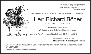 Traueranzeige von Richard Röder von Frankenpost