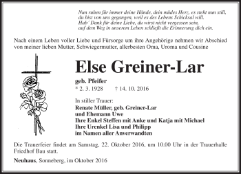Traueranzeige von Else Greiner-Lar von Südthüringer Presse