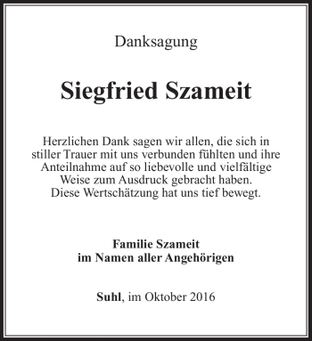 Traueranzeige von Siegfried Szameit von Südthüringer Presse