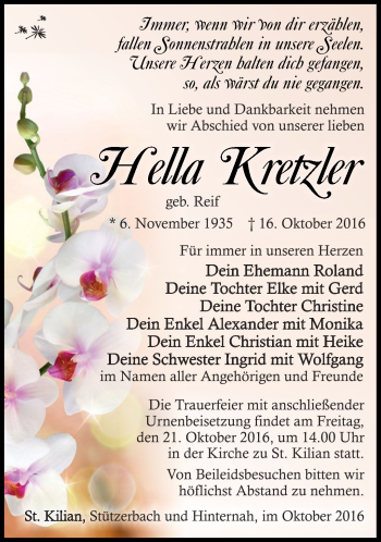 Traueranzeige von Hella Kreztler von Südthüringer Presse
