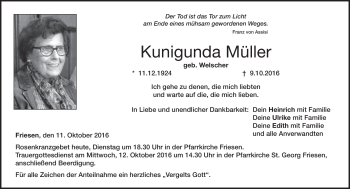 Traueranzeige von Kunigunda Müller von Neue Presse Coburg