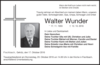 Traueranzeige von Walter Wunder von Neue Presse Coburg