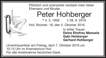 Traueranzeige von Peter Hohberger von Frankenpost