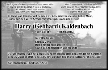 Traueranzeige von Harry Kaldenbach von Südthüringer Presse