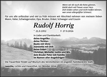Traueranzeige von Rudolf Horrig von Südthüringer Presse