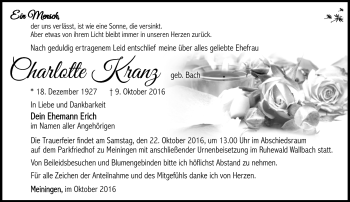 Traueranzeige von Charlotte Kranz von Südthüringer Presse