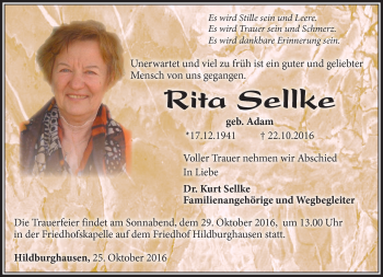 Traueranzeige von Rita Sellke von Südthüringer Presse