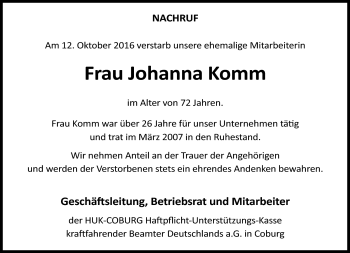 Traueranzeige von Johanna Komm von Neue Presse Coburg