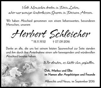 Traueranzeige von Herbert Schleicher von Südthüringer Presse
