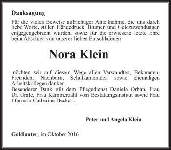 Traueranzeige von Nora Klein von Südthüringer Presse