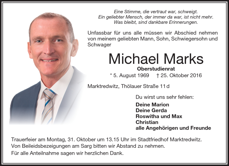  Traueranzeige für Michael Marks vom 28.10.2016 aus Frankenpost