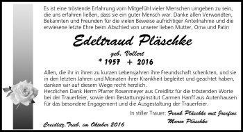 Traueranzeige von Edeltraud Pläschke von Neue Presse Coburg
