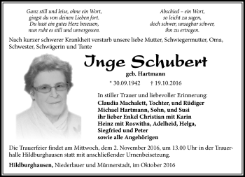 Traueranzeige von Inge Schubert von Südthüringer Presse