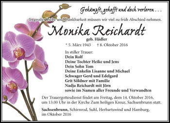 Traueranzeige von Monika Reichardt von Südthüringer Presse