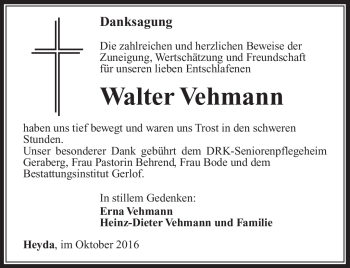 Traueranzeige von Walter Vehmann von Südthüringer Presse