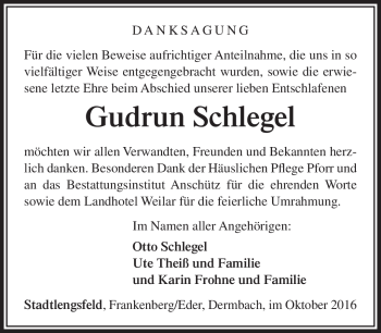 Traueranzeige von Gudrun Schlegel von Südthüringer Presse