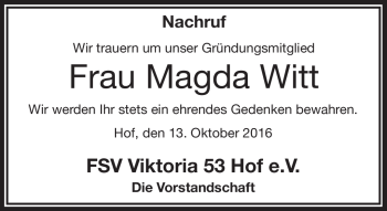 Traueranzeige von Magda Witt von Frankenpost