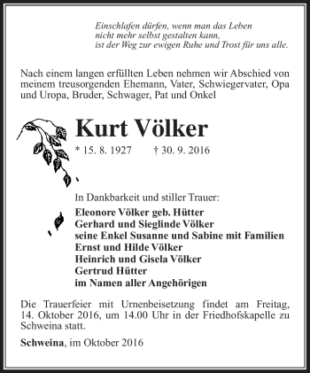 Traueranzeige von Kurt Völker von Südthüringer Presse