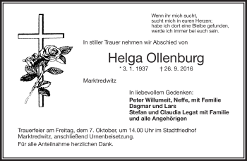 Traueranzeige von Helga Ollenburg von Frankenpost
