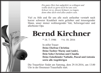 Traueranzeige von Bernd Kirchner von Südthüringer Presse