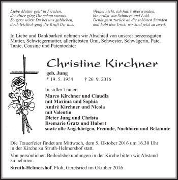 Traueranzeige von Christine Kirchner von Südthüringer Presse