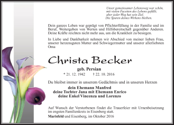 Traueranzeige von Christa Becker von Südthüringer Presse