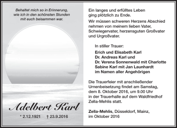 Traueranzeige von Karl Adelbert von Südthüringer Presse