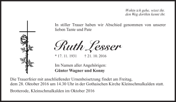 Traueranzeige von Ruth Lesser von Südthüringer Presse