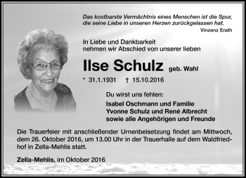 Traueranzeige von Ilse Schulz von Südthüringer Presse
