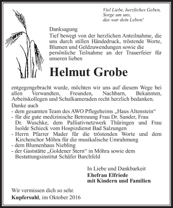 Traueranzeige von Helmut Grobe von Südthüringer Presse