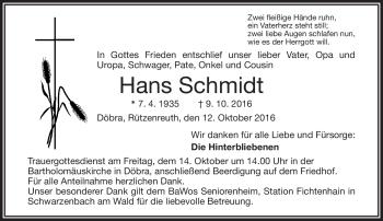 Traueranzeige von Hans Schmidt von Frankenpost