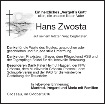 Traueranzeige von Hans Zwosta von Neue Presse Coburg