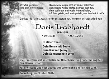 Traueranzeige von Doris Trabhardt von Südthüringer Presse
