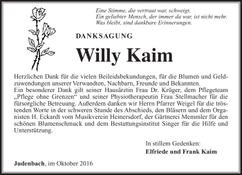 Traueranzeige von Willy Kaim von Südthüringer Presse