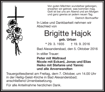 Traueranzeige von Brigitte Hajok von Frankenpost