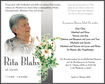 Traueranzeige von Rita Blähs von Südthüringer Presse