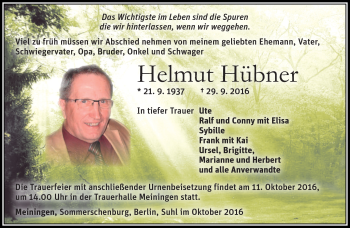 Traueranzeige von Helmut Hübner von Südthüringer Presse
