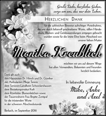 Traueranzeige von Monika Kreußlich von Südthüringer Presse