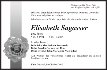 Traueranzeige von Elisabeth Sagasser von Südthüringer Presse