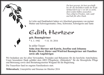 Traueranzeige von Edith Hertzer von Südthüringer Presse