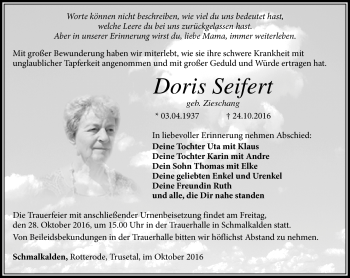Traueranzeige von Doris Seifert von Südthüringer Presse