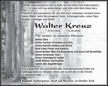 Traueranzeige von Walter Kreuz von Südthüringer Presse