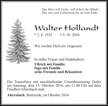 Traueranzeige von Walter Hollandt von Südthüringer Presse